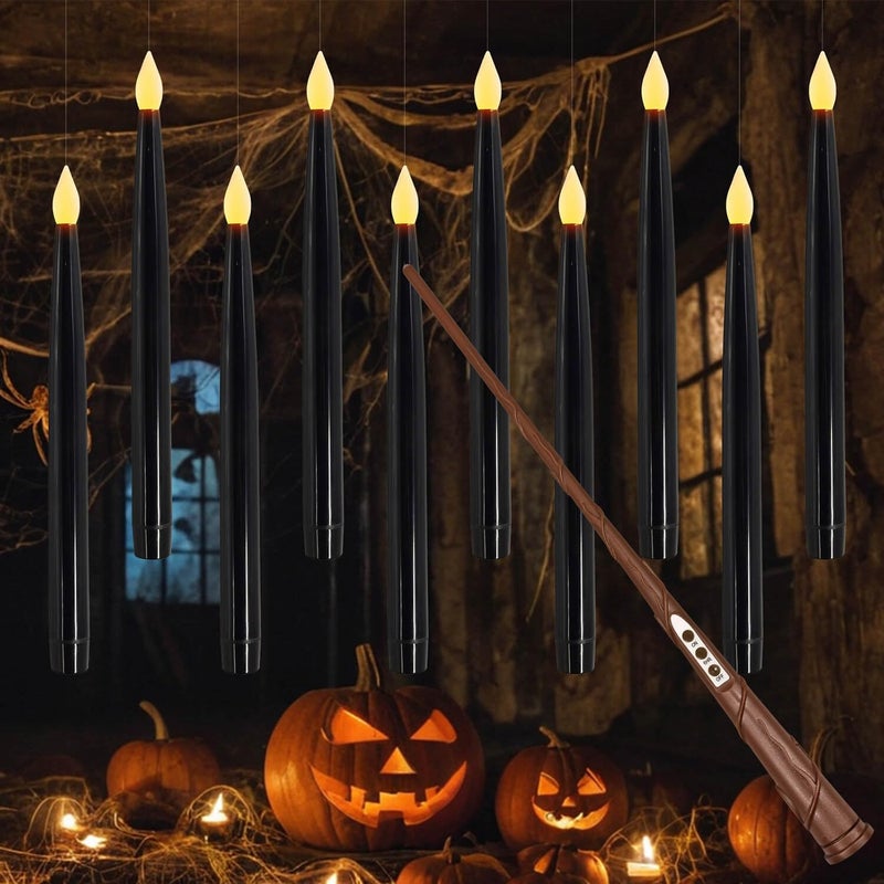 Leejec 10 Pcs of 10.8" Floating Candles, Magic Wand Remote with 6/18H Timer, Halloween Decorations, Hanging Flameless Taper Candles, Flickering Warm White LED, Home Decor, Witch Wizard Gift (Black) - Image 1